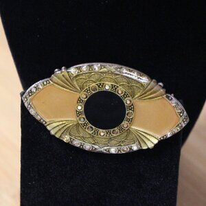 Vtg Art Deco & Black Enamel Brooch With Rhinestone Accents Approx 2.25" x 1.75"